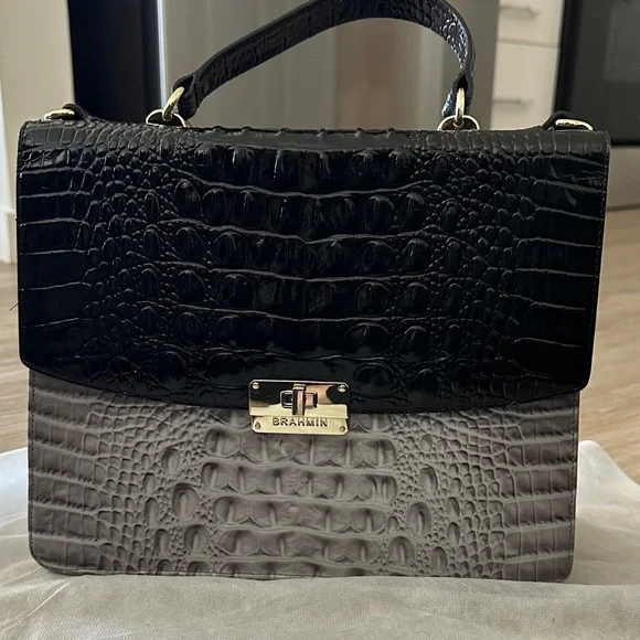 Brahmin Black and Gray Croc-Embossed Satchel - Picture 2 of 8